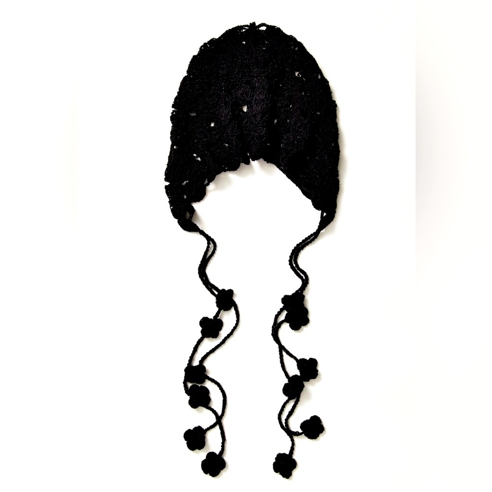 Free People Black Crochet Bonnet with Pom Pom Ties